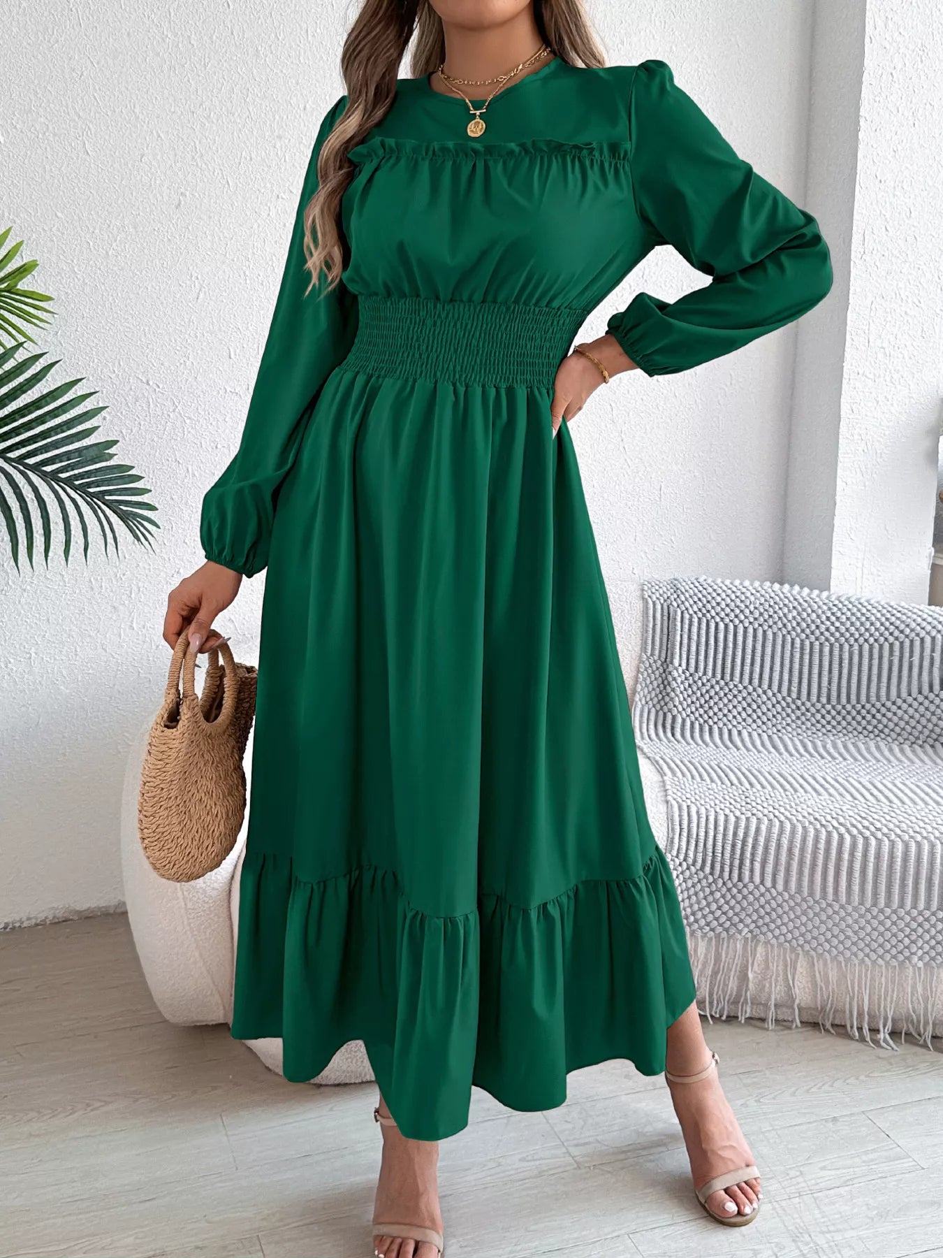 Sarah Express Women's Round Neck Balloon Sleeve Tiered Dress Dark Green