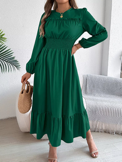 Sarah Express Women's Round Neck Balloon Sleeve Tiered Dress Dark Green