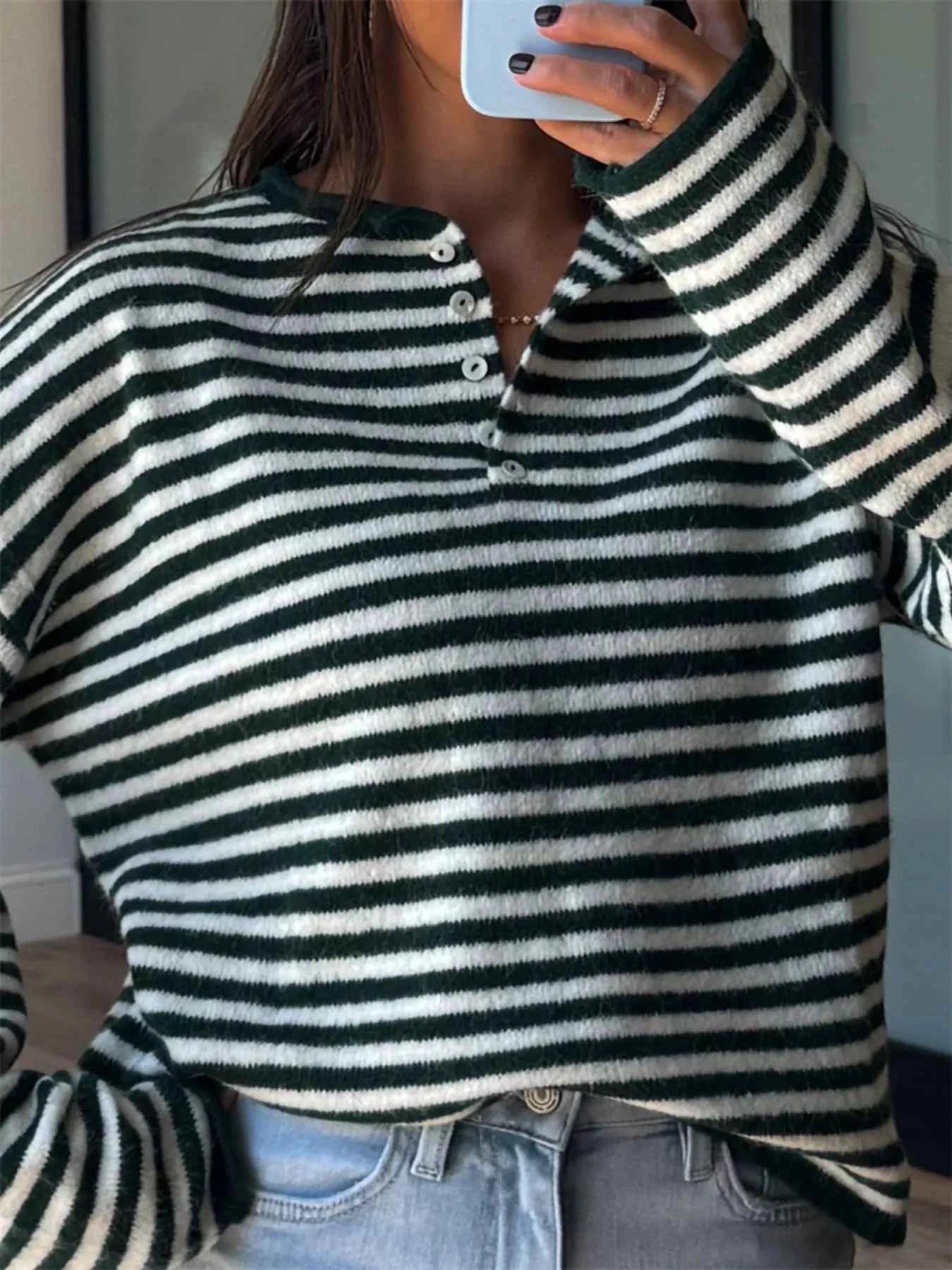 Sarah Express Women's Striped Button Detail Sweater - Dropped Shoulder Knit Top