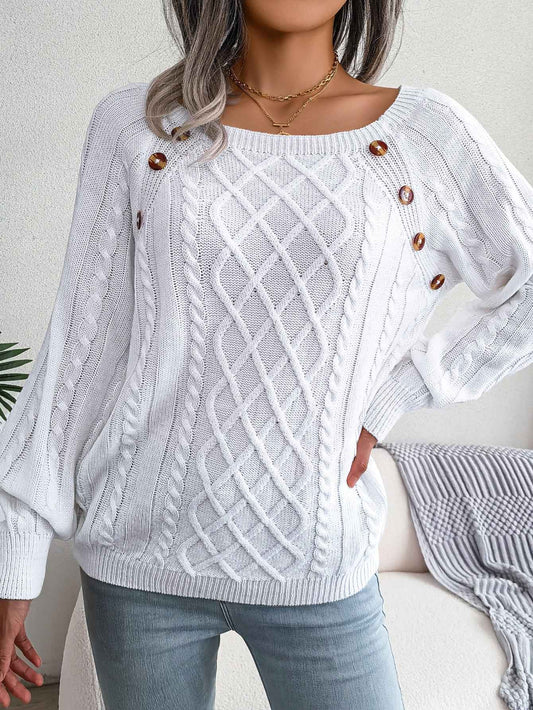 Sarah Express Women's Cable Knit Square Neck Pullover Sweater - Button Detail Raglan Sleeve