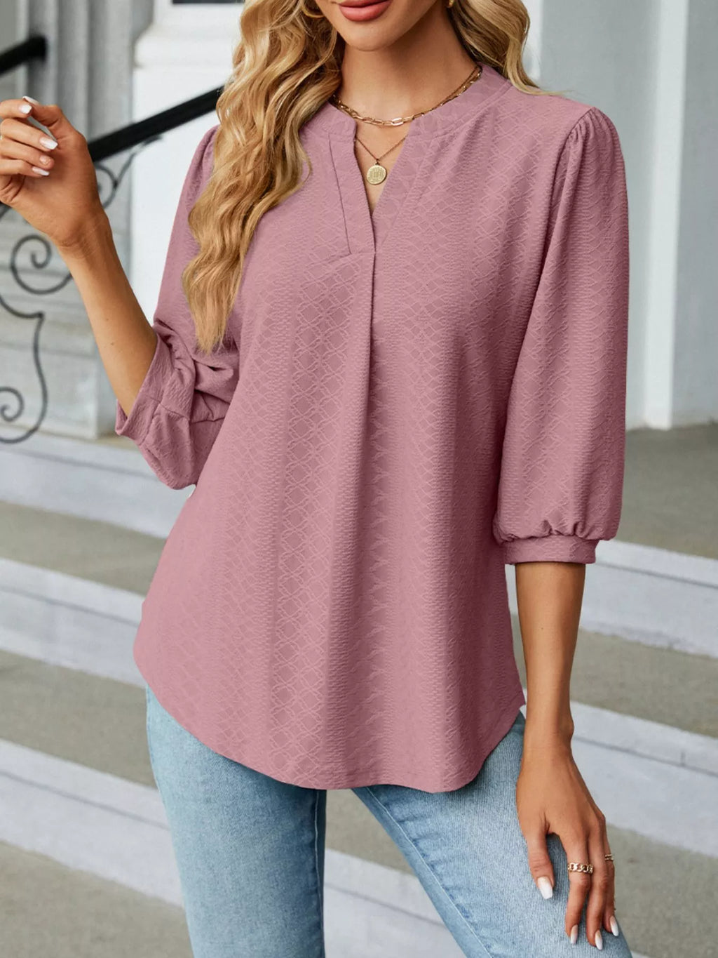 Sarah Express Women's Notched 3/4 Sleeve Casual Top