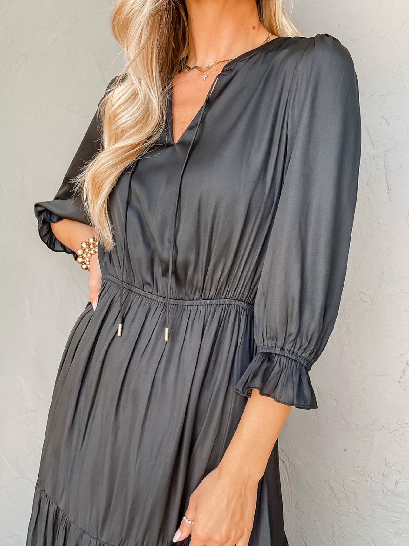 Sarah Express Women's Flounced Bracelet Sleeve V Neck Tiered Dress - Elegant Casual Summer Dress