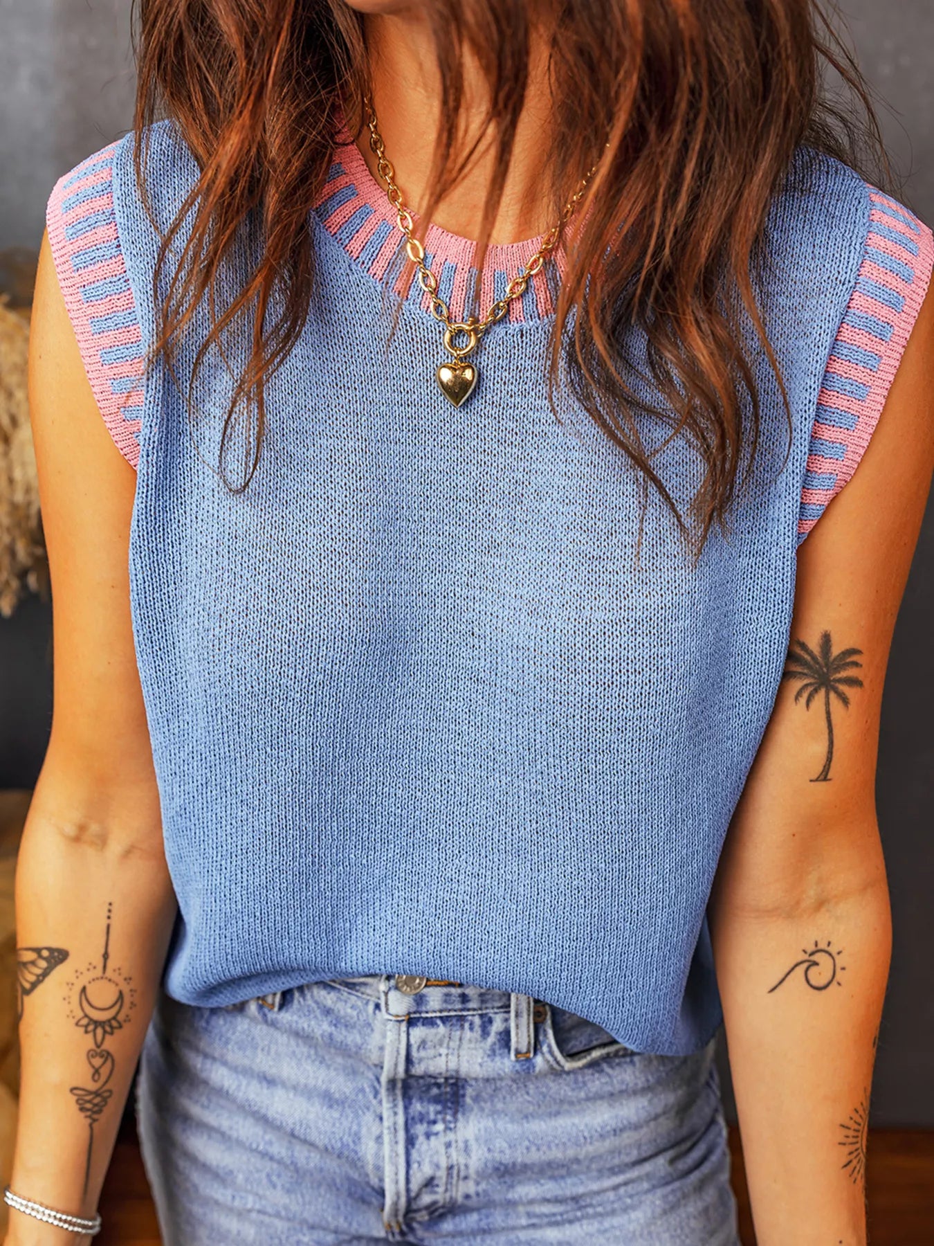 Sarah Express Women's Contrast Trim Round Neck Sweater Vest