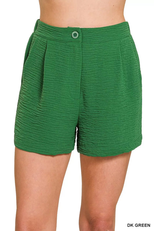 Sarah Express Women's Woven Airflow Back Elastic Waist Shorts DK GREEN