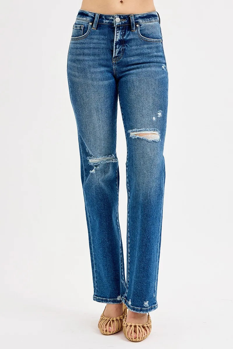 Sarah Express Women’s Plus Size High Rise Tummy Control Distressed Straight Jeans
