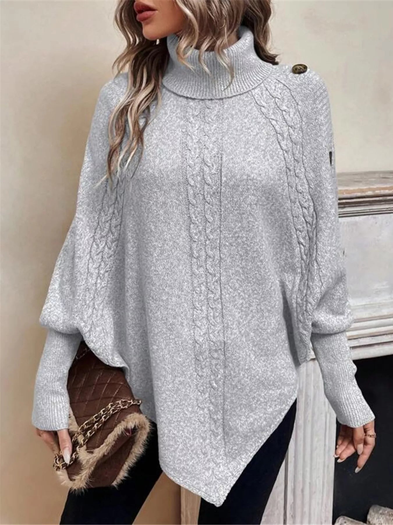 Sarah Express Women's Cable Knit Turtleneck Cape Sweater