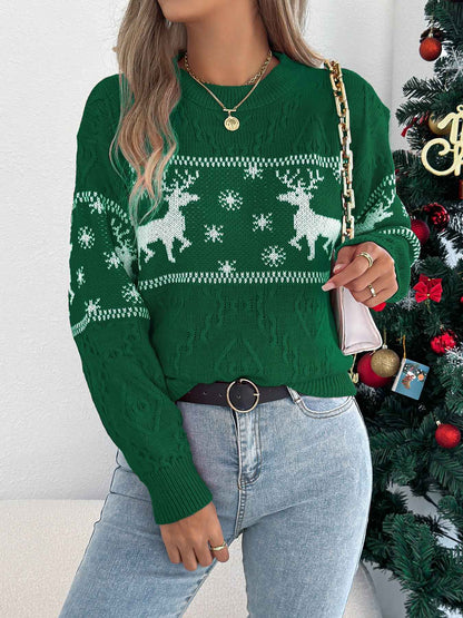 Sarah Express Women's Deer Pattern Lantern Sleeve Pullover Sweater Green