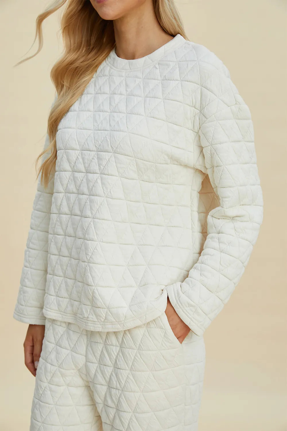 Sarah Express Women's Textured Round Neck Long Sleeve Top and Pants Set