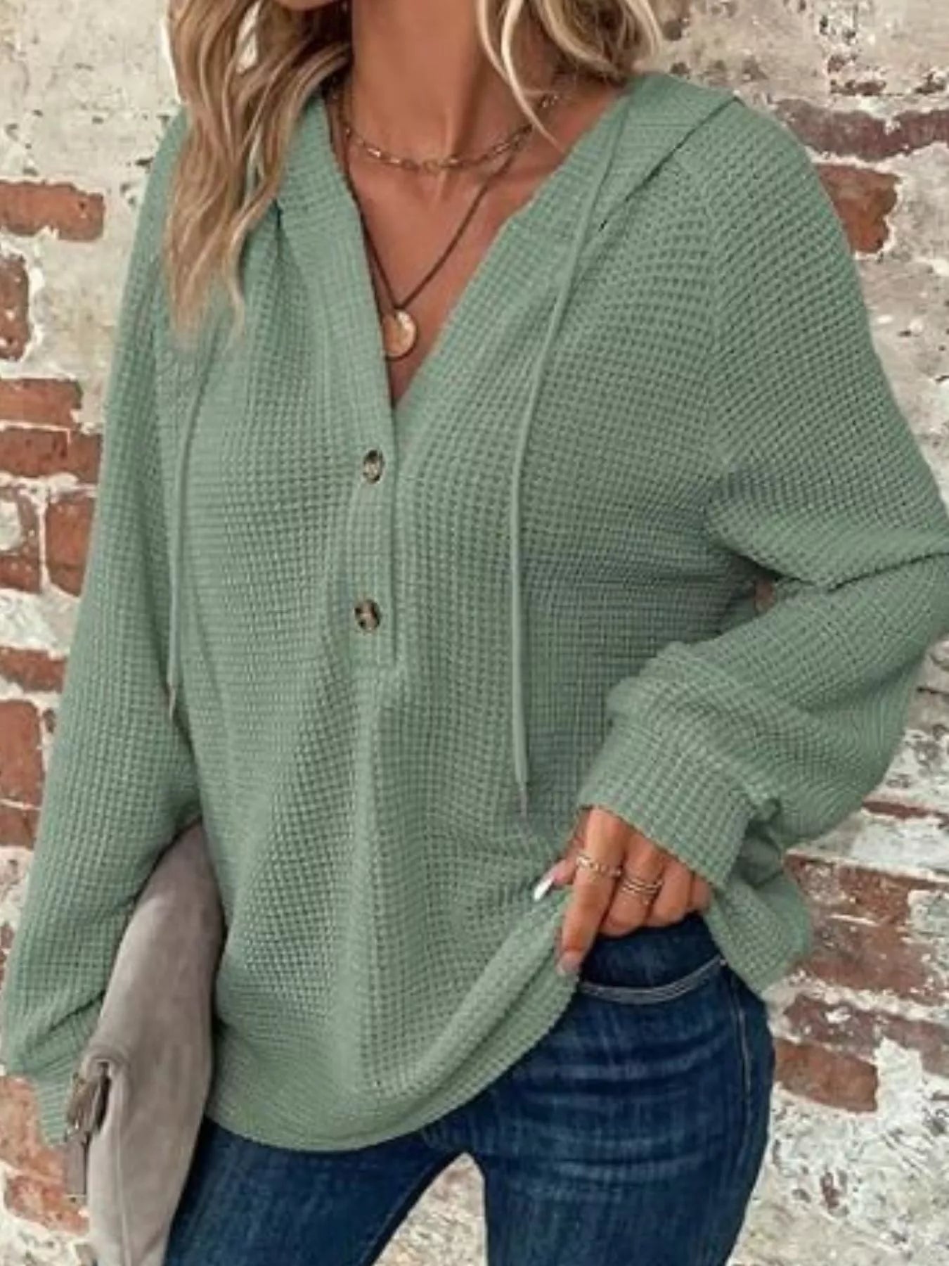 Sarah Express Women's Waffle Knit Button Detail Hoodie Blue