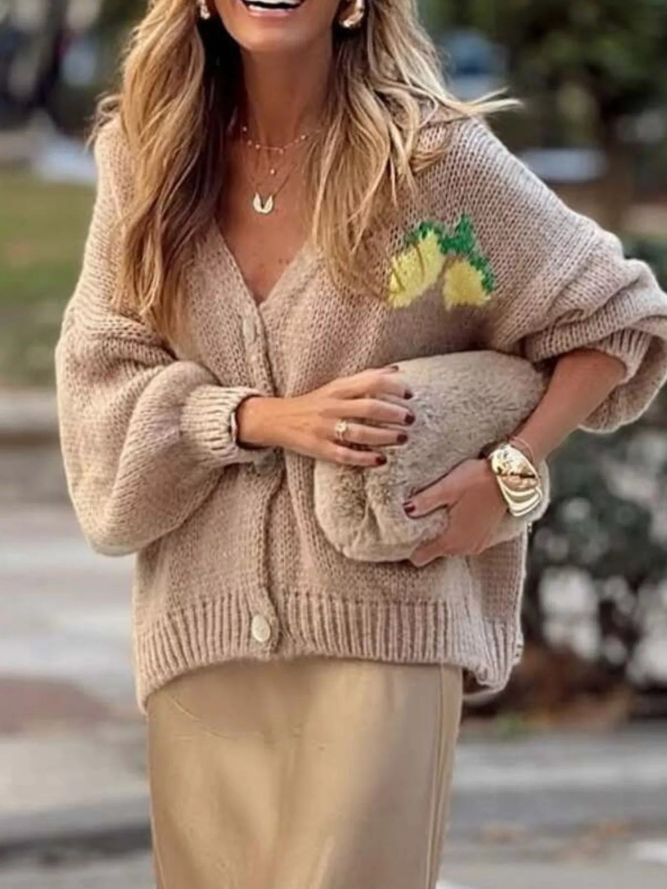 Sarah Express Women's Lemon Button Up Knit Cardigan Khaki