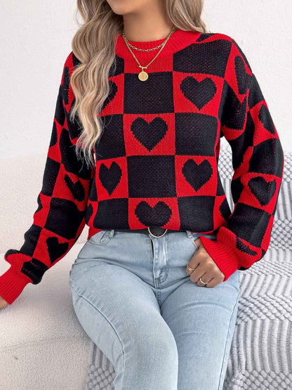 Sarah Express Women's Color-Blocked Plaid Heart Lantern Sleeve Pullover Sweater
