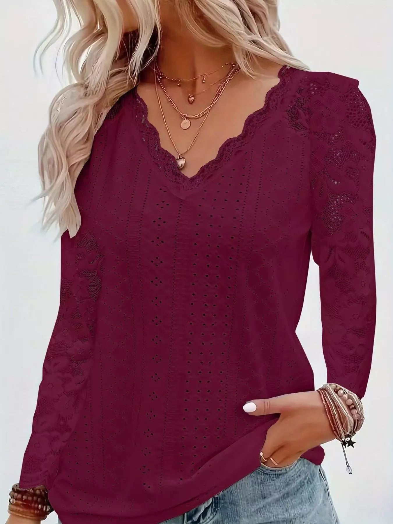 Sarah Express Women's Eyelet Lace Sleeve V-Neck Blouse Burgundy