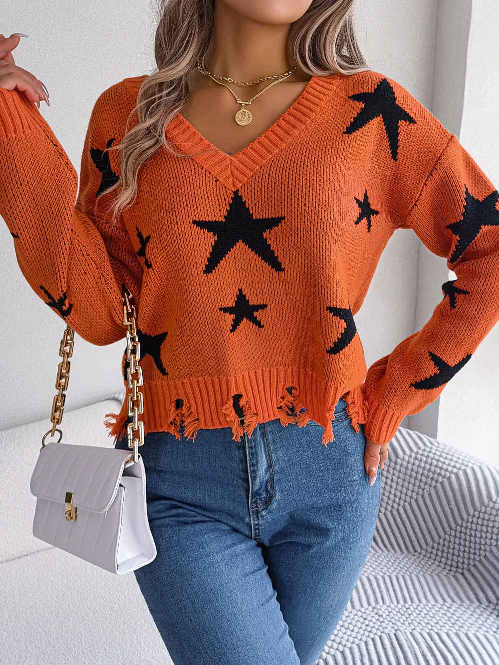 Sarah Express Women's Star Distressed V-Neck Knit Sweater - Long Sleeve Casual Pullover