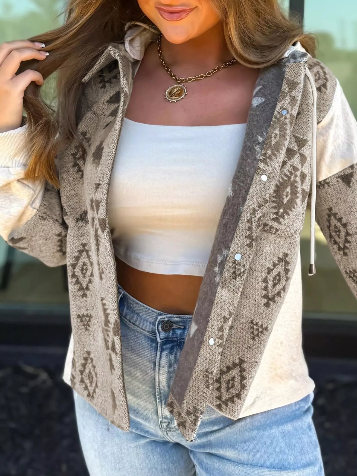 Sarah Express Women's Western Aztec Print Color Block Patchwork Drawstring Hooded Shacket