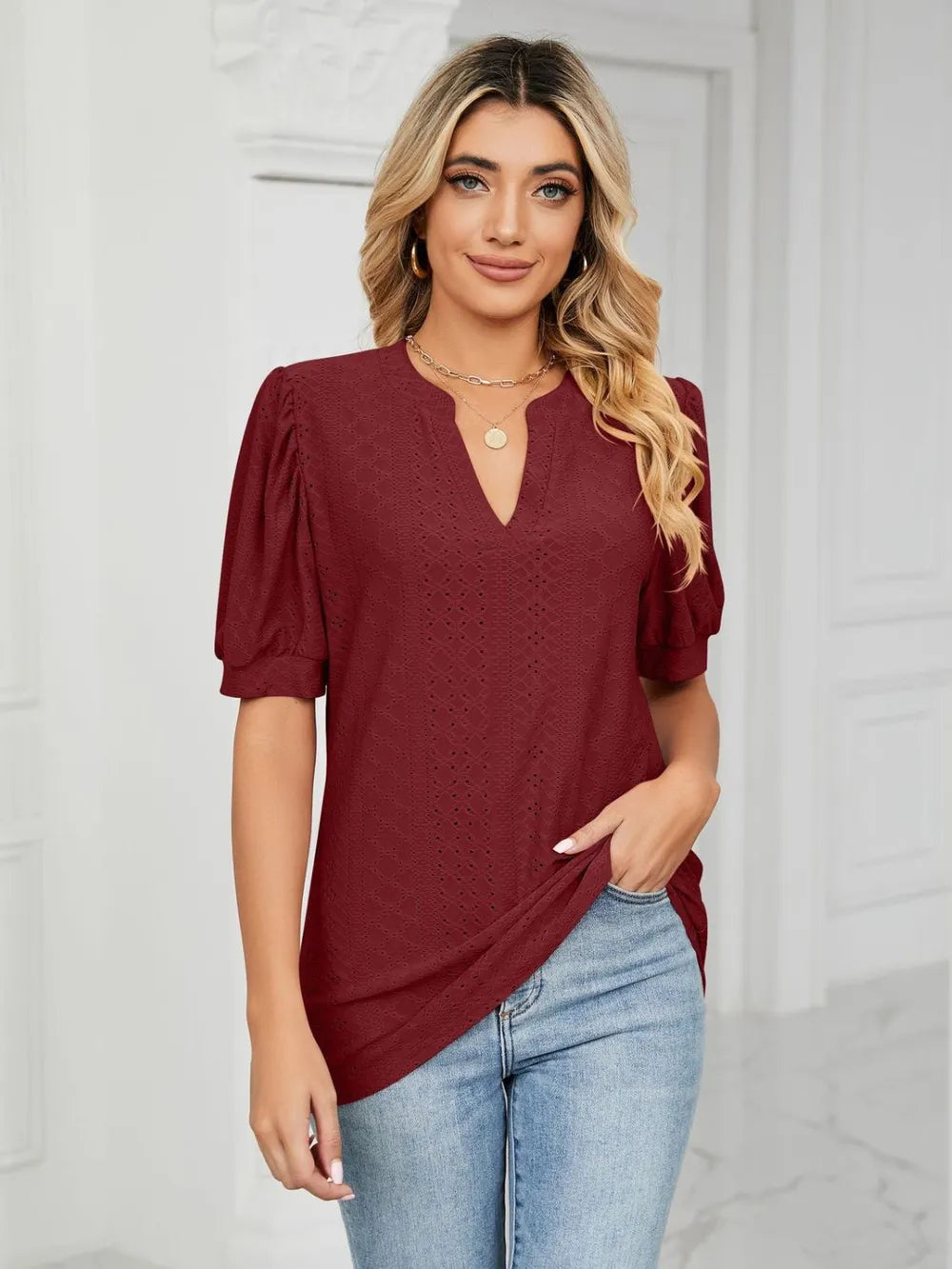 Sarah Express Women's Florira Eyelet Notched Short Sleeve T-Shirt Burgundy