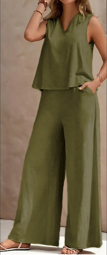 Sarah Express V Neck Tank Top Wide Leg Pants Set with Pockets Sleeveless 2 Piece
