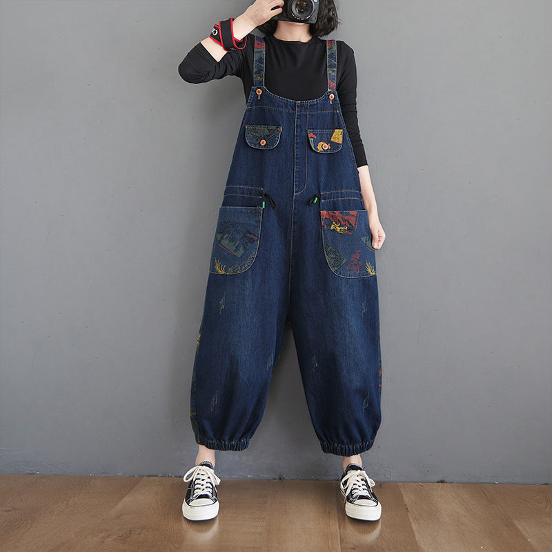 Sarah Express Floral Print Denim Overalls Plus Size Suspender Jeans Cropped