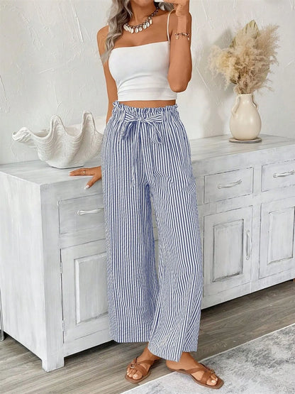 Sarah Express Women's Striped Wide Leg Paper Bag Pants Plus Size