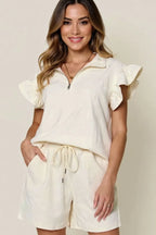 Sarah Express Women’s Plus Size Textured Flounce Sleeve Top and Shorts Set