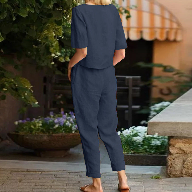 Sarah Express Women's Cotton Linen Top and Wide-Leg Pants Two-Piece Casual Set