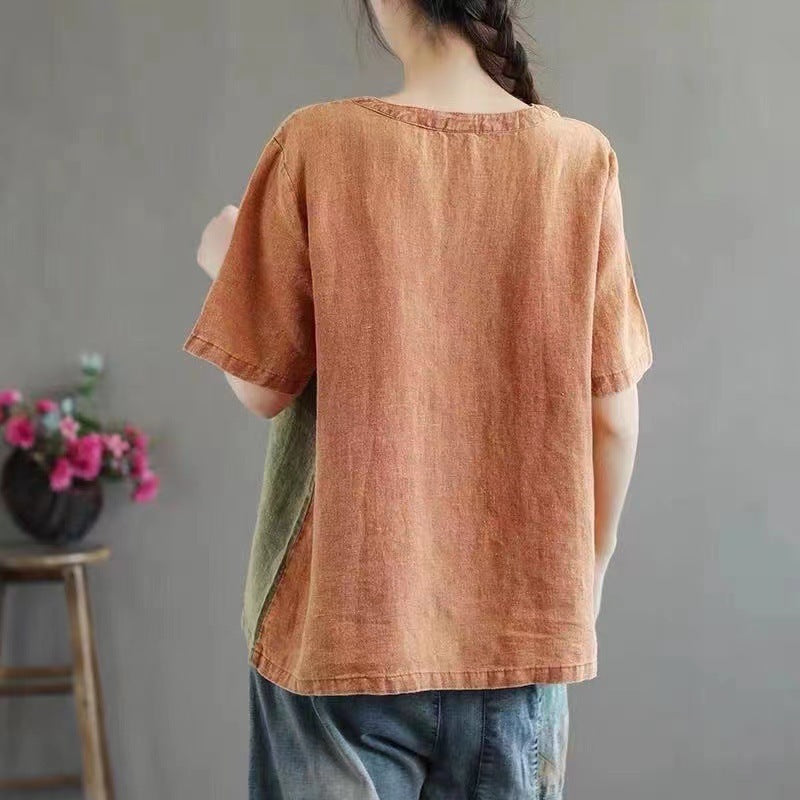 Sarah Express Women's Cotton Contrast Collar T-Shirt Loose Fit Short Sleeve Japanese Casual Style