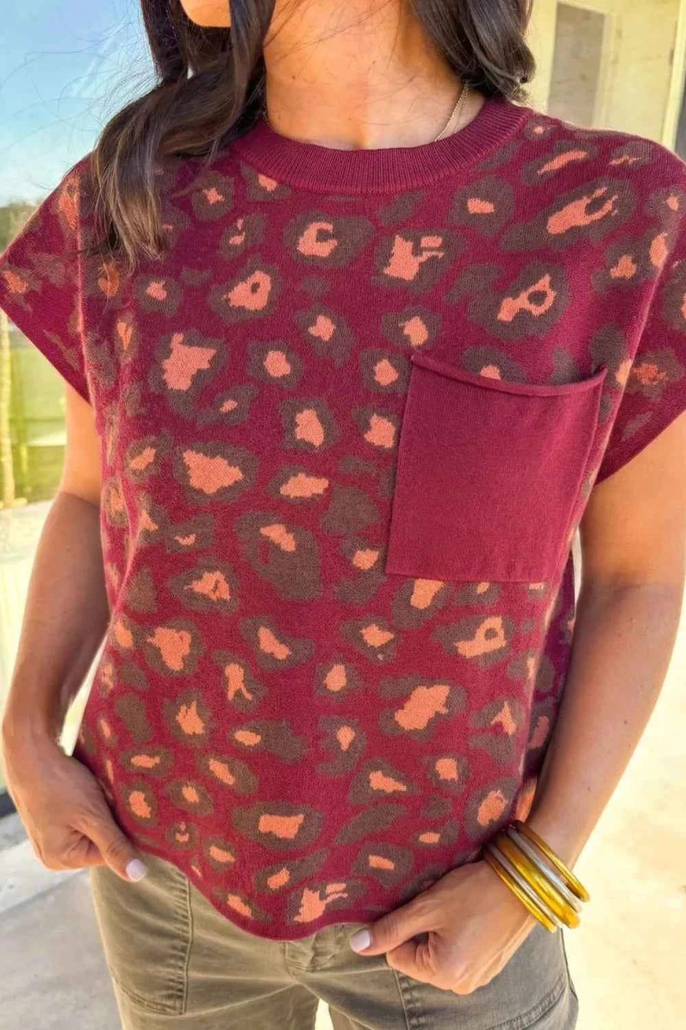 Sarah Express Women's Leopard Print Cap Sleeve Knitted Top - Trendy Animal Print Blouse