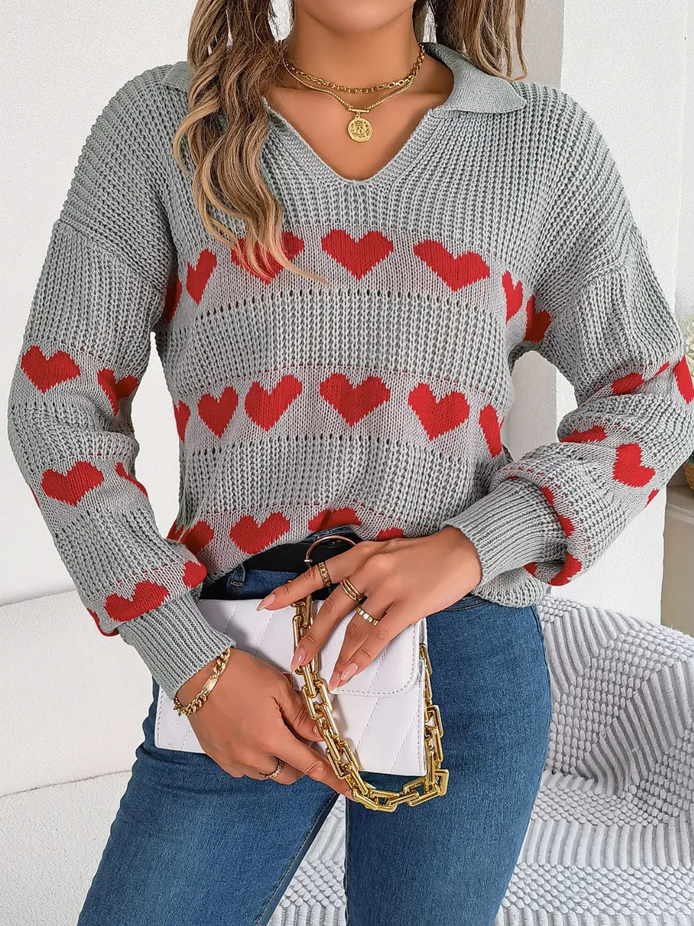 Sarah Express Women's Heart Johnny Collar Long Sleeve Sweater