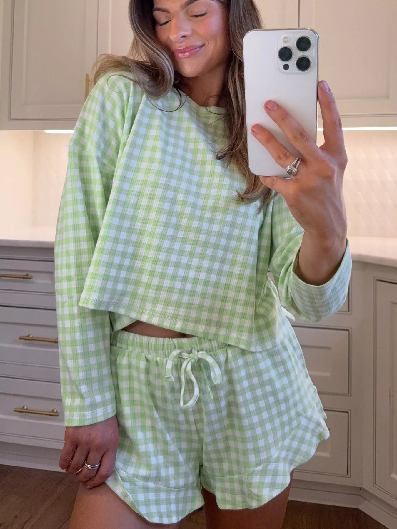 Sarah Express Women's Gingham Print Round Neck Top and Shorts Set