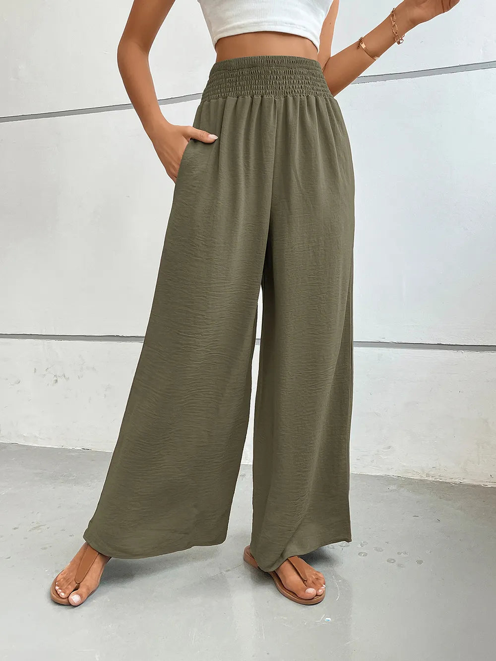 Sarah Express Women's Wide Leg Pants with Pockets - Perfee Moss