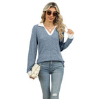 Sarah Express Women's Lapel Long Sleeve Loose Fit Top Rayon Pullover