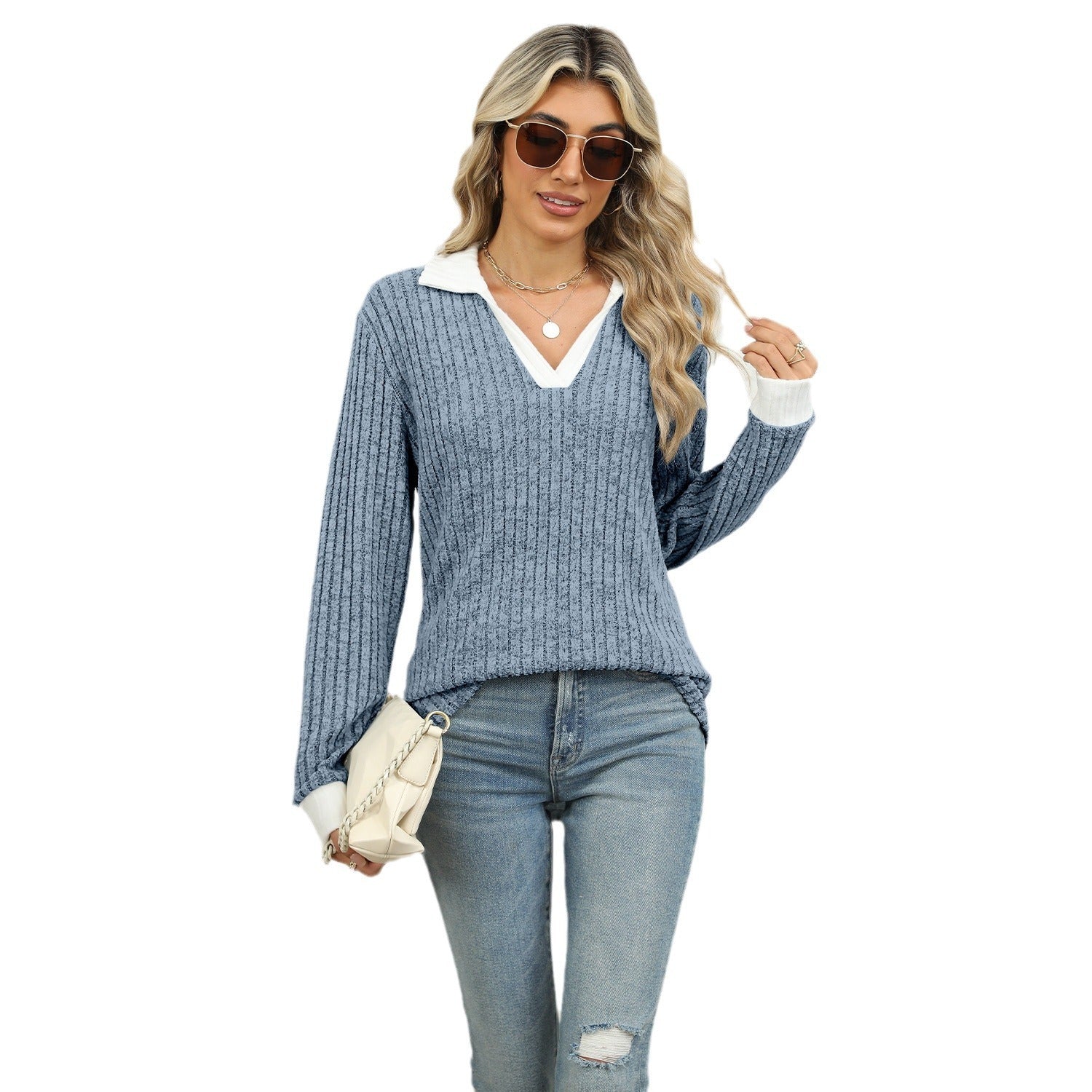 Sarah Express Women's Lapel Long Sleeve Loose Fit Top Rayon Pullover