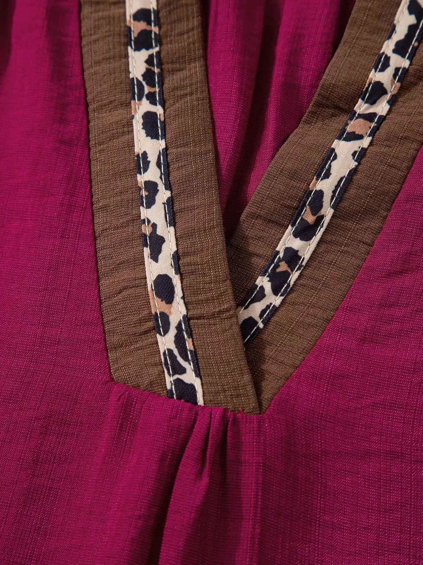 Sarah Express Women's Leopard Trim V-Neck Blouse - Flounced Bracelet Sleeve Top