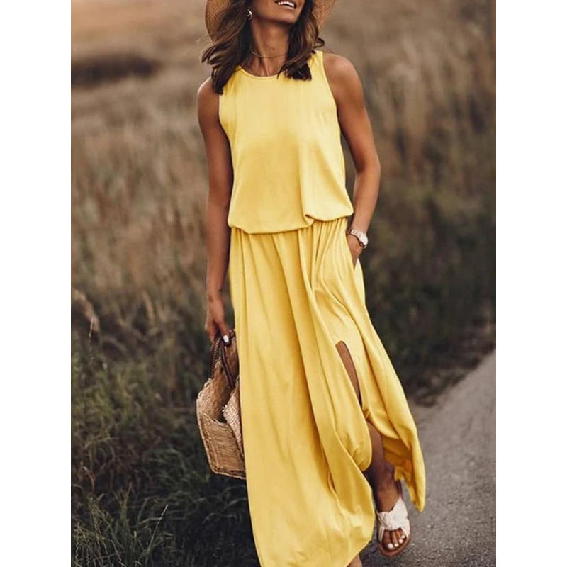 Sarah Express Women's Sleeveless Round Neck Dress with Side Split Solid Color