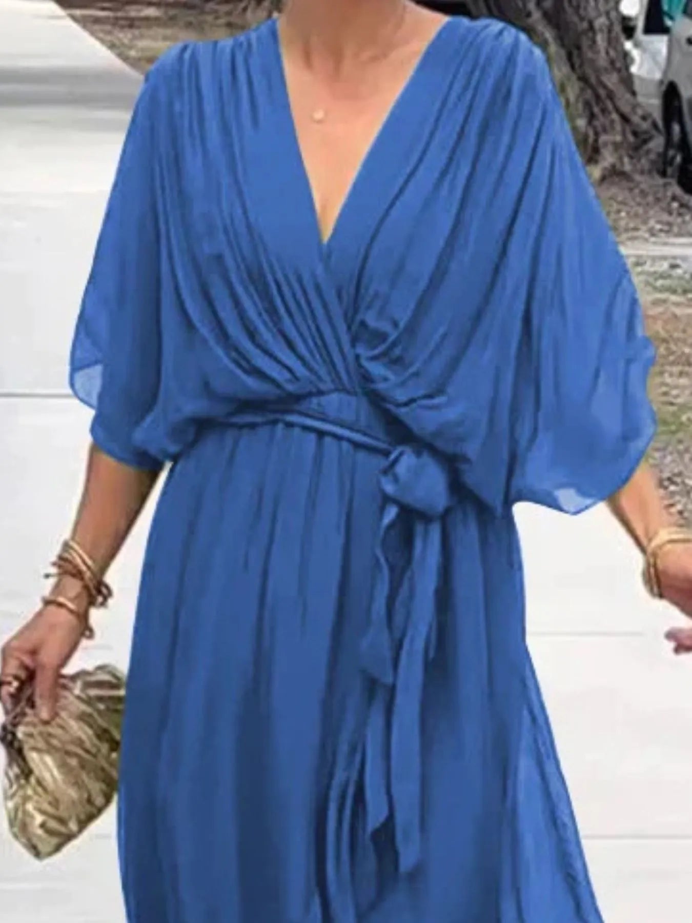 Sarah Express Women's Flowy Tie Front Midi Dress with Flutter Sleeves