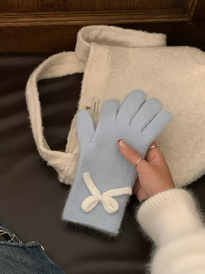 Sarah Express Women's Bow-Accent Knit Gloves - Cozy Winter Accessory Blue One Size