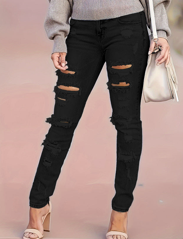 Sarah Express Women's Distressed Skinny Pants Mid Waist Cotton Ripped Denim Trousers Street Style