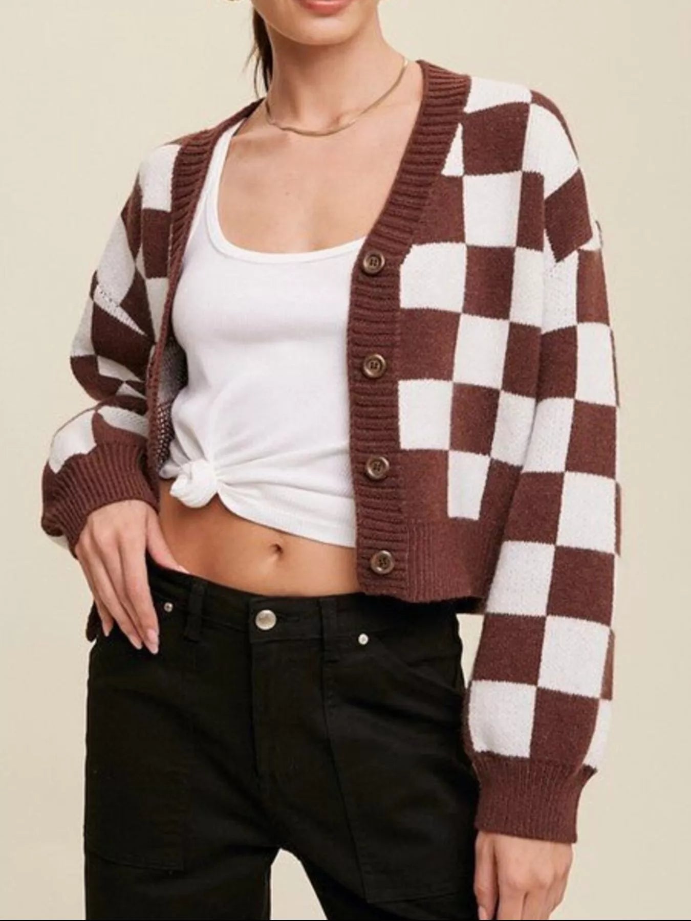 Sarah Express Women's Checkerboard Pattern Button-Down Cardigan Dark Brown