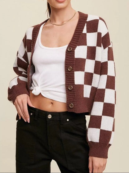 Sarah Express Women's Checkerboard Pattern Button-Down Cardigan Dark Brown