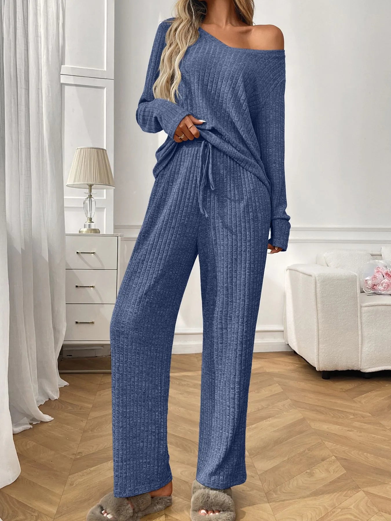 Sarah Express Women's Ribbed Long Sleeve Top and Pants Lounge Set