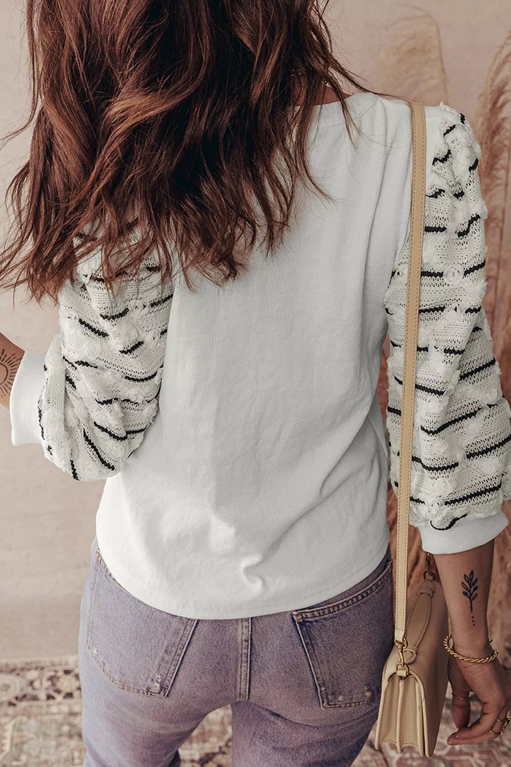 Sarah Express Women's Button Placket Striped Sleeve Patchwork Rib Knit Top