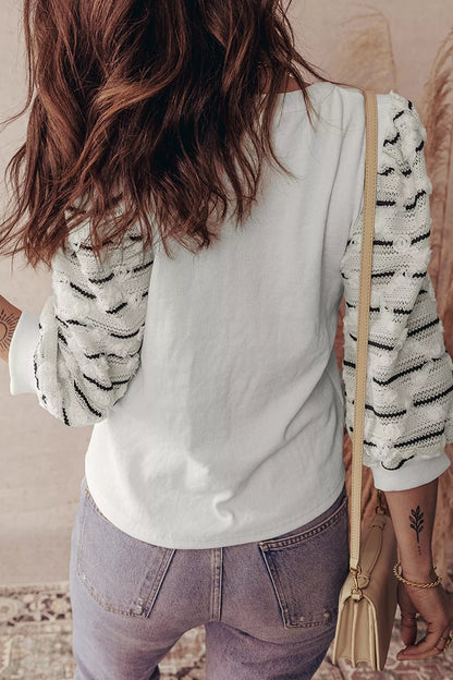 Sarah Express Women's Button Placket Striped Sleeve Patchwork Rib Knit Top