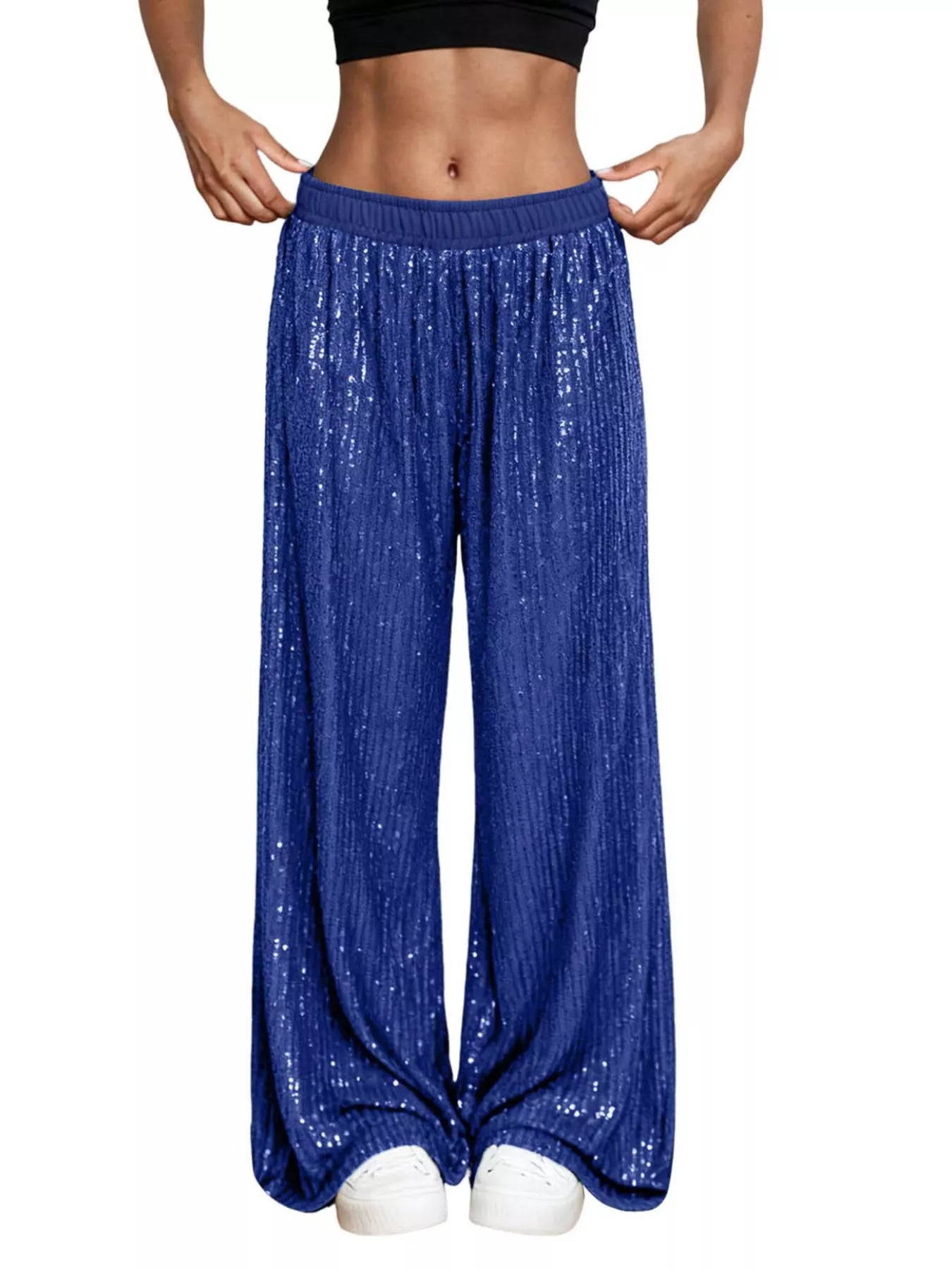Sarah Express Women's Sequin Wide Leg Pants - High Waist Sparkle Palazzo Trousers Blue