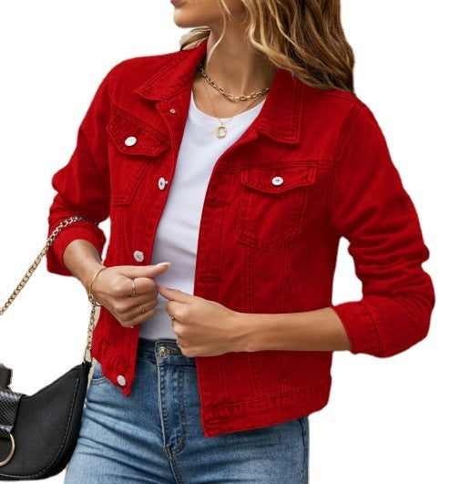 Sarah Express Women's Denim Jacket Slim Fit Lapel Long Sleeve Cotton Fall Spring Casual Work Outerwear