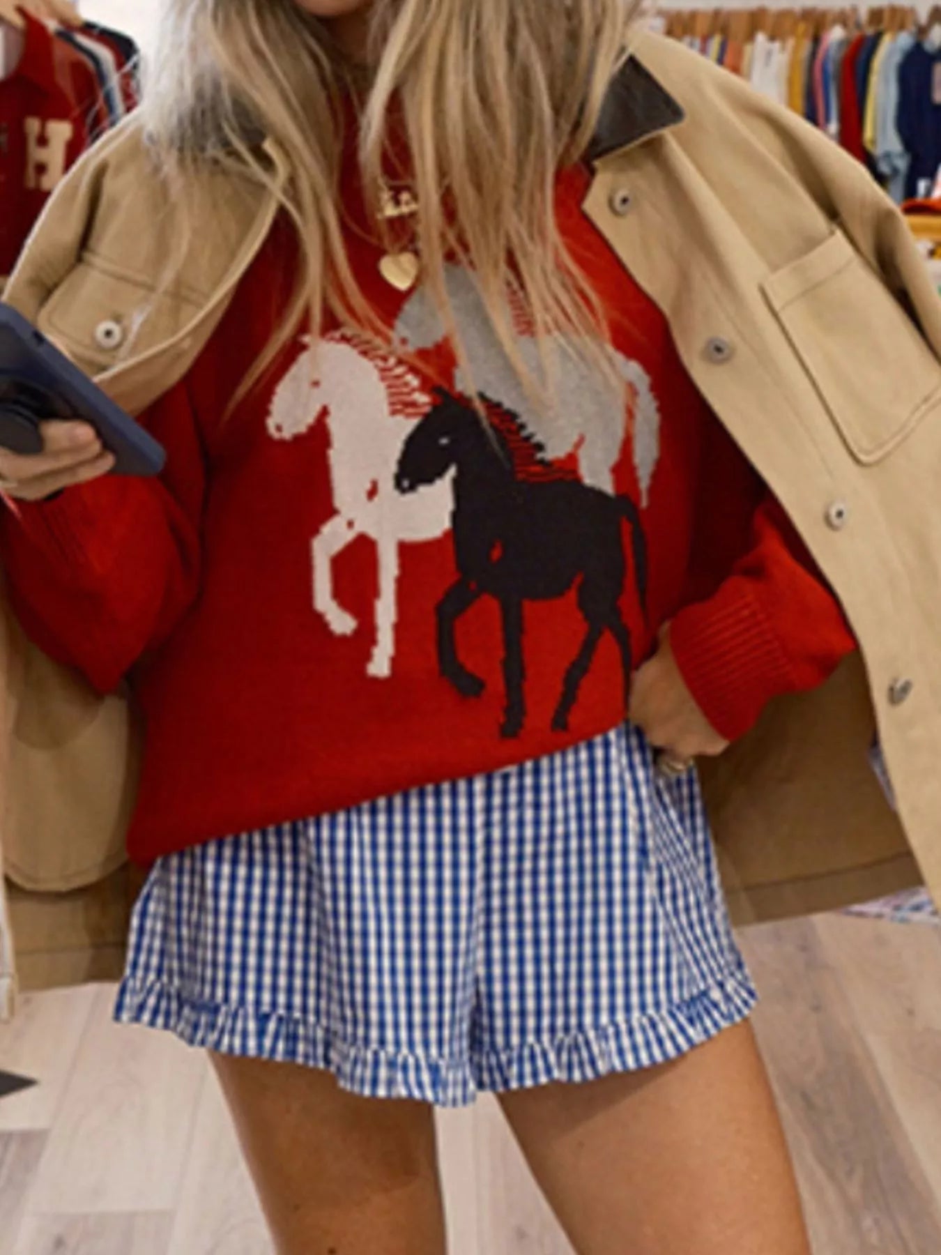 Sarah Express Women's Horse Print Round Neck Long Sleeve Sweater