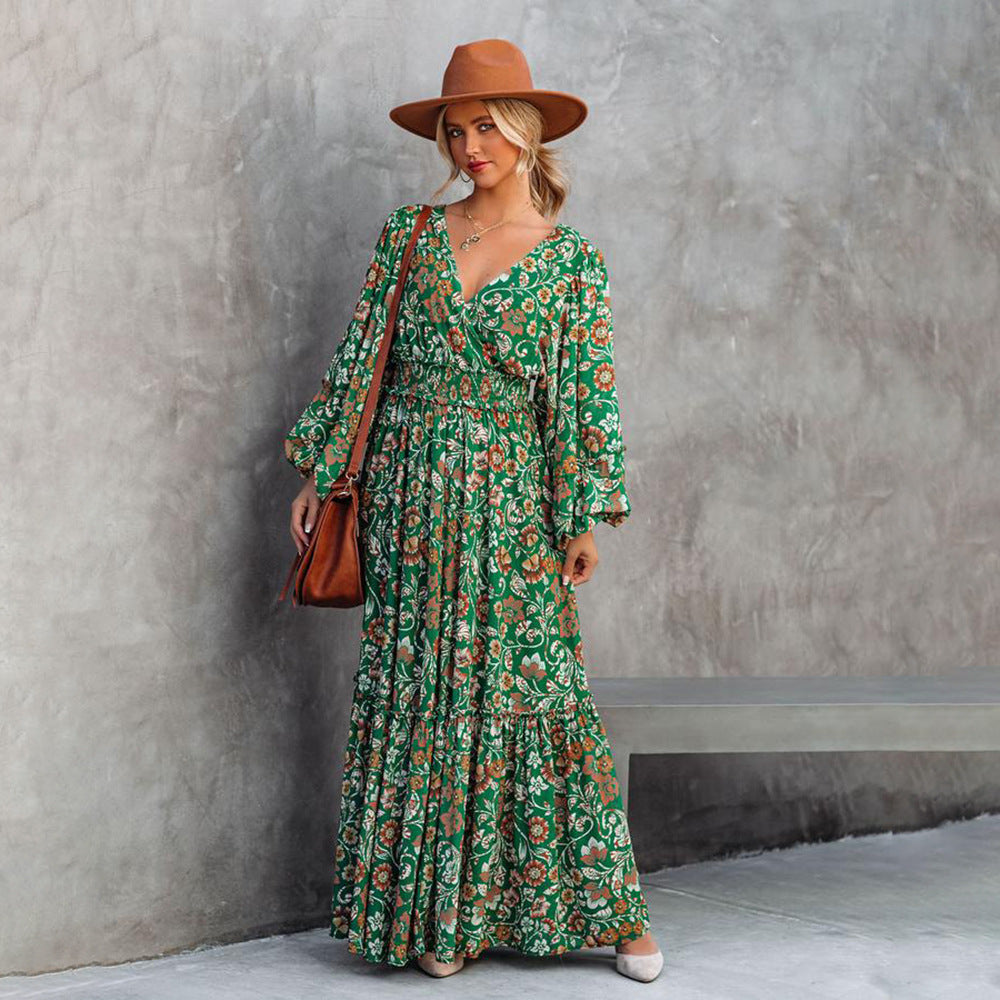 Sarah Express Printed V-Neck Lantern Sleeve Maxi Dress