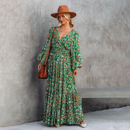 Sarah Express Printed V-Neck Lantern Sleeve Maxi Dress
