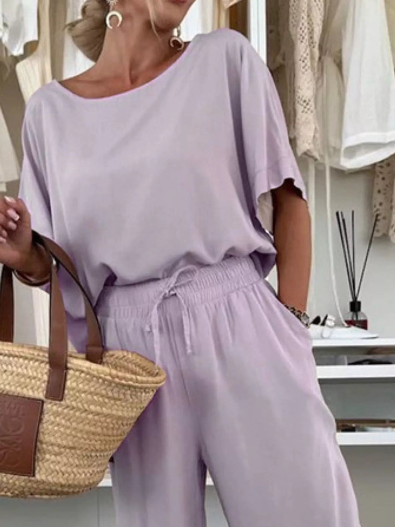 Sarah Express Women's Casual Loose Round Neck Top and Pants Two Piece Set Plus Size