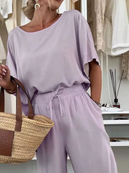 Sarah Express Women's Casual Loose Round Neck Top and Pants Two Piece Set Plus Size