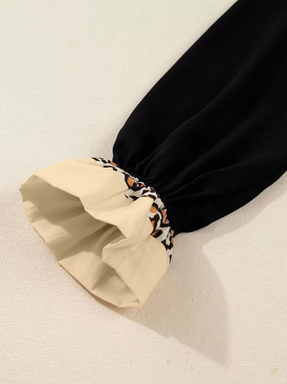 Sarah Express Women's Contrast Leopard Frilled Trim V Neck Bracelet Sleeve Midi Dress