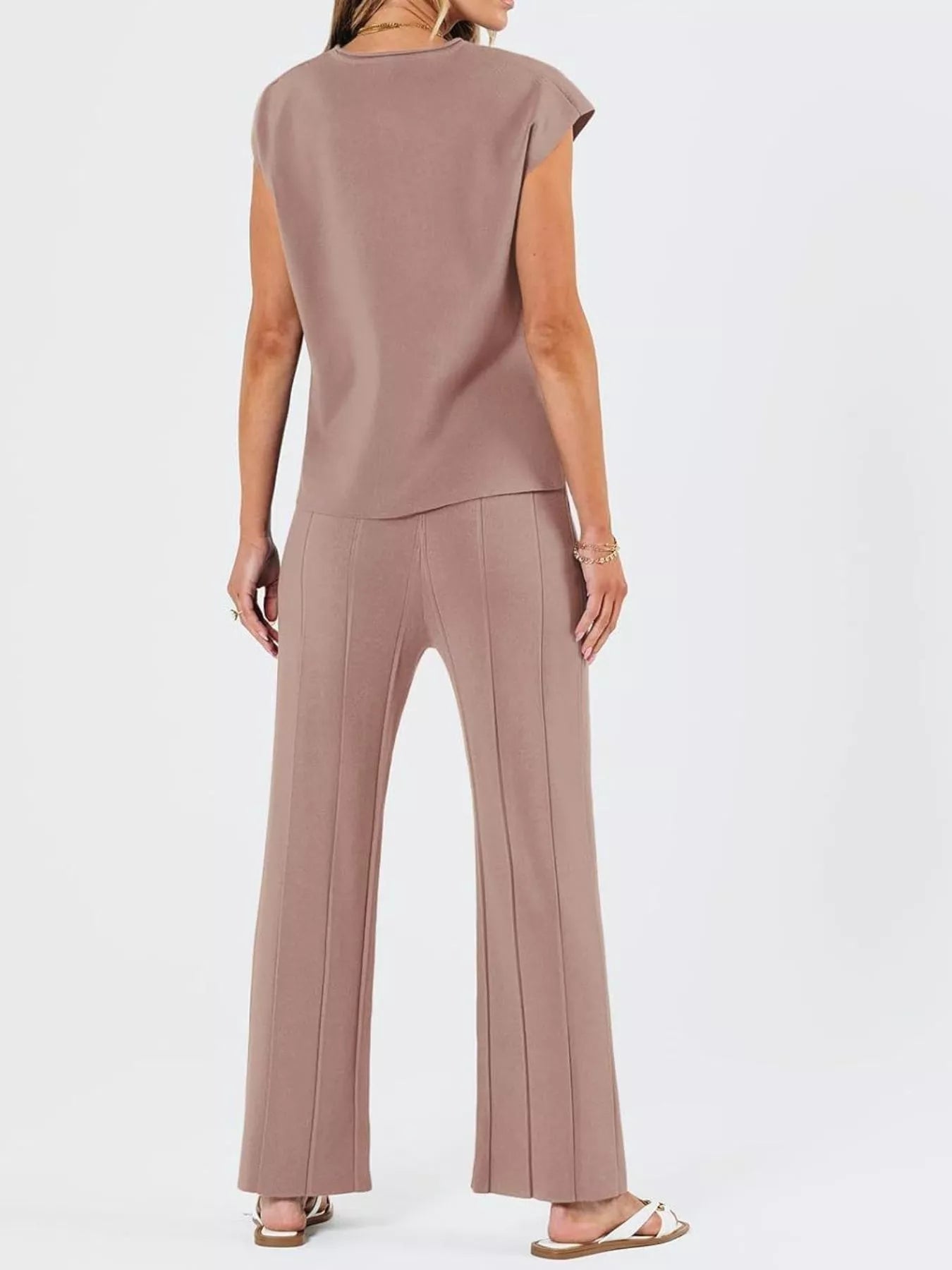 Sarah Express Women's Casual Solid Color Cap Sleeve Top and Pants Knit Set